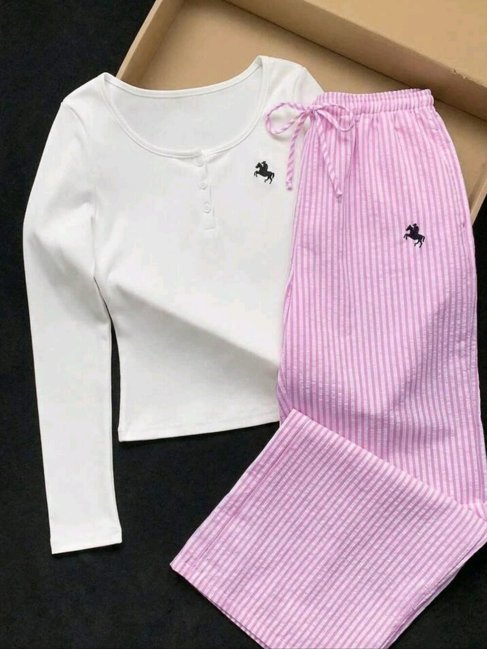 White Long-Sleeve Top & Pink Striped Pajama Pants Set